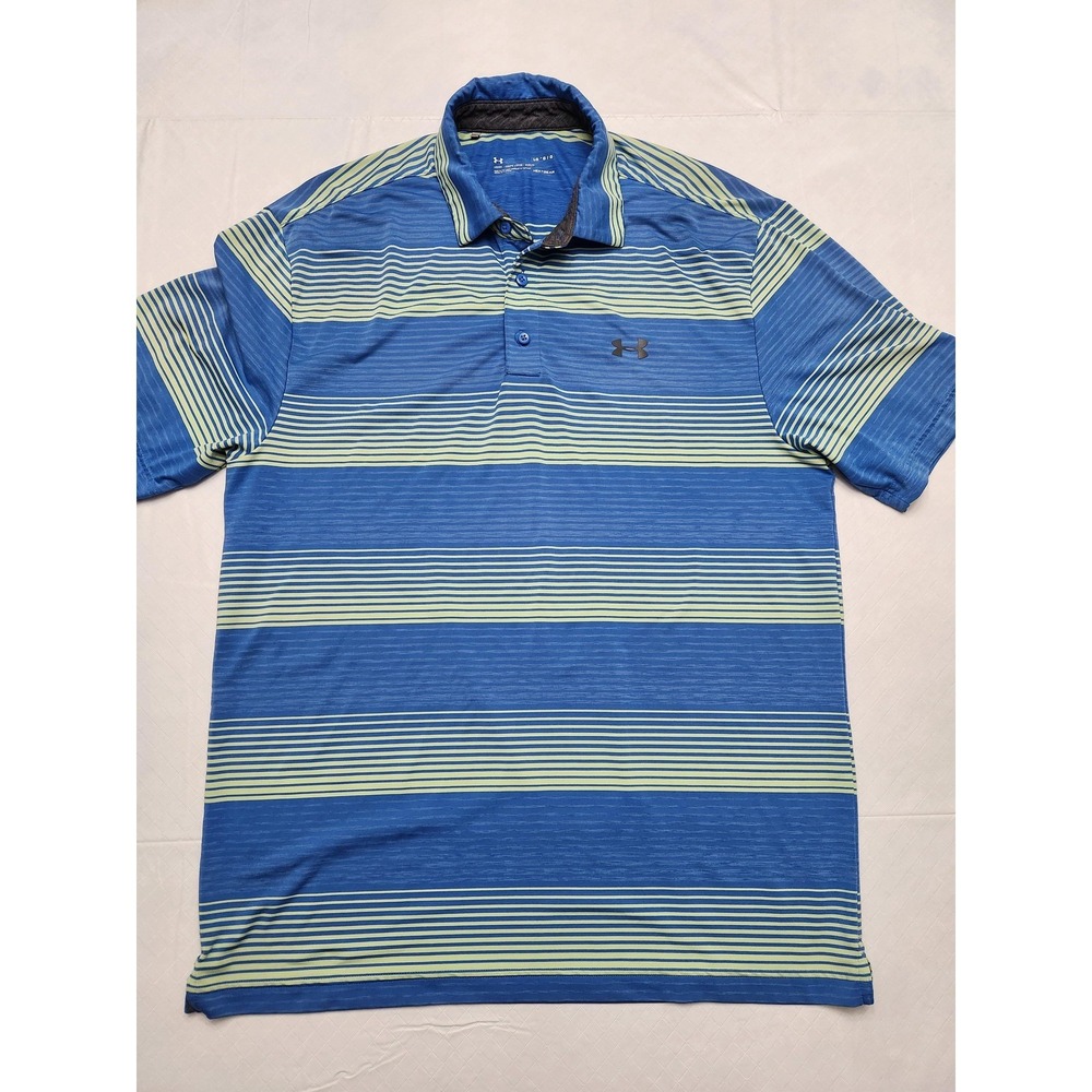 Under Armour Polo Shirt Mens Large Blue Green Stripe Loose HeatGear Golf